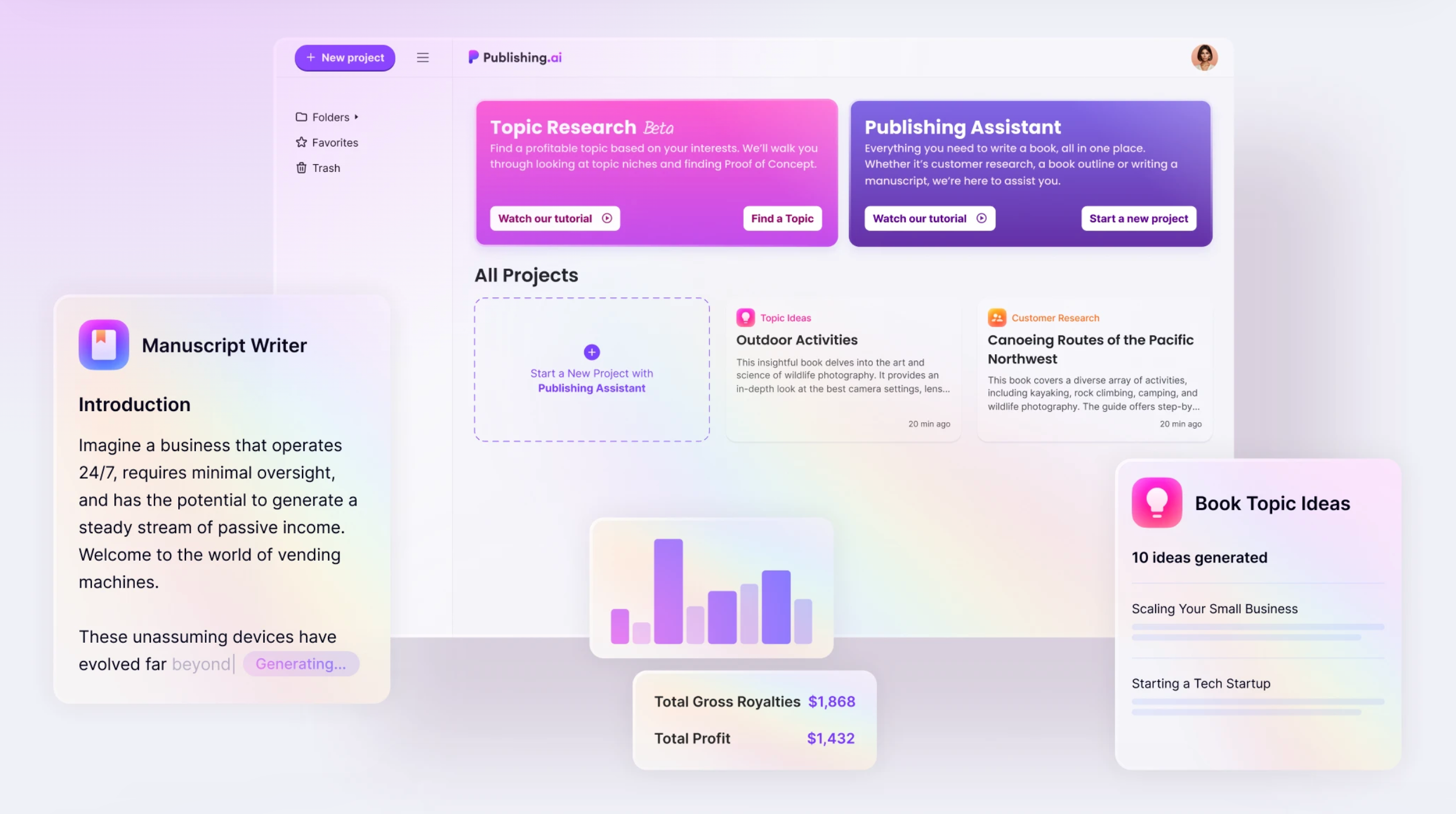 A collage of screenshots featuring publishing.ai tools including earnings tracker, Book Topic Ideas, Manuscript Writer, Topic Research tools, and Publishing Assistant.