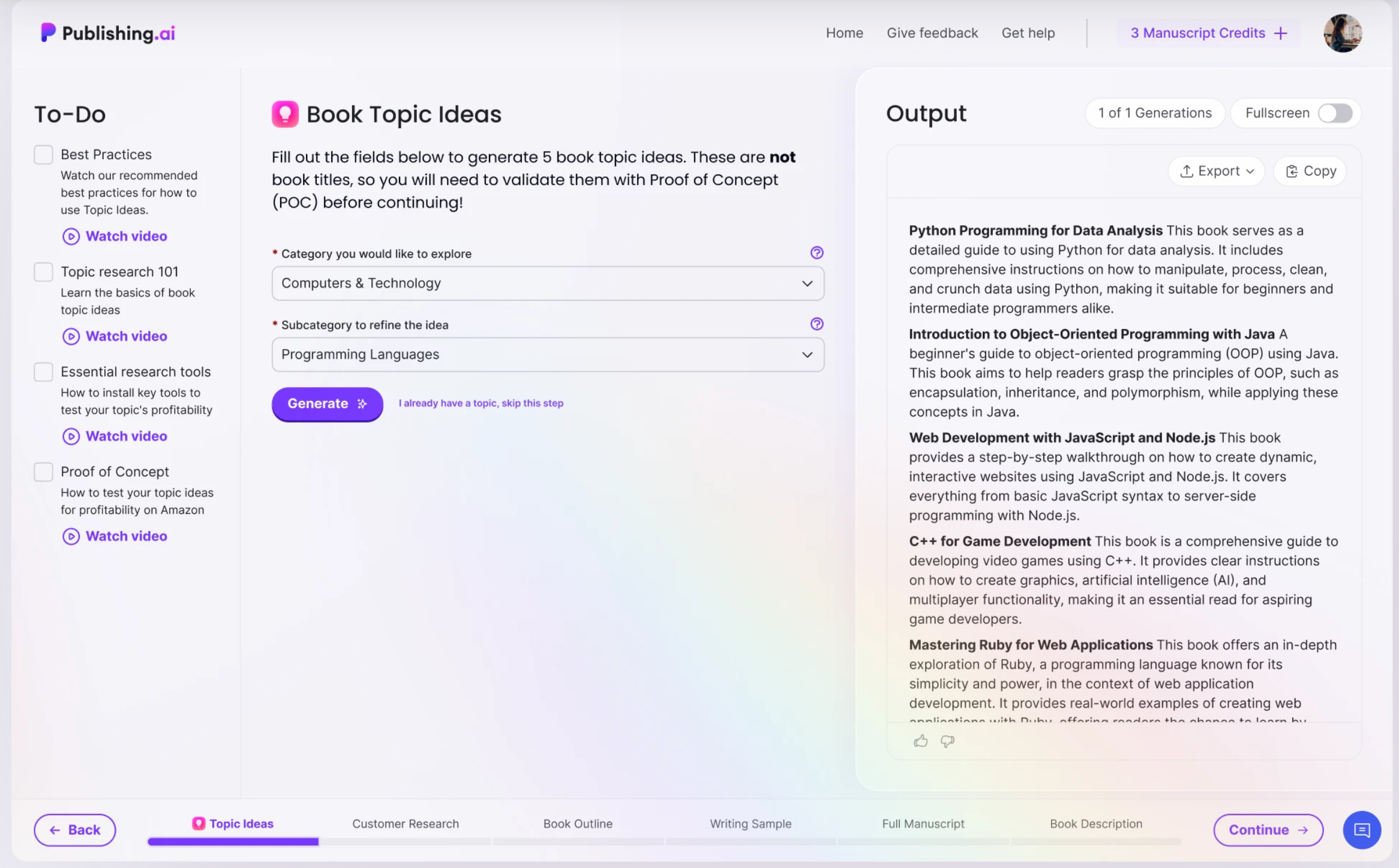 A screenshot of publishing.ai’s Book Topic Ideas tool demonstrating how the tool produces ideas based on a category and subcategory.