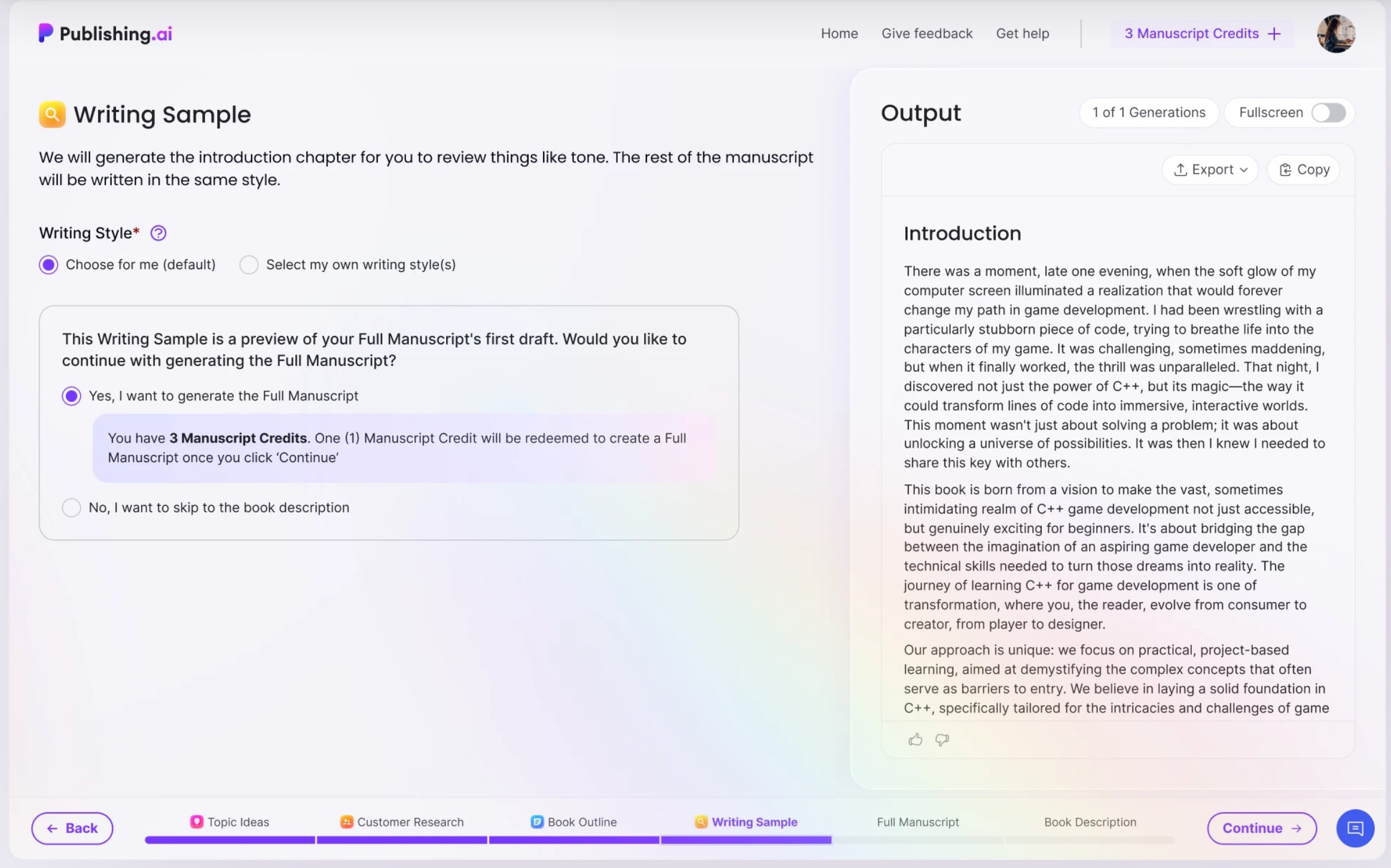 A screenshot of a publishing.ai writing sample page showing options to choose writing style and generate a full manuscript.